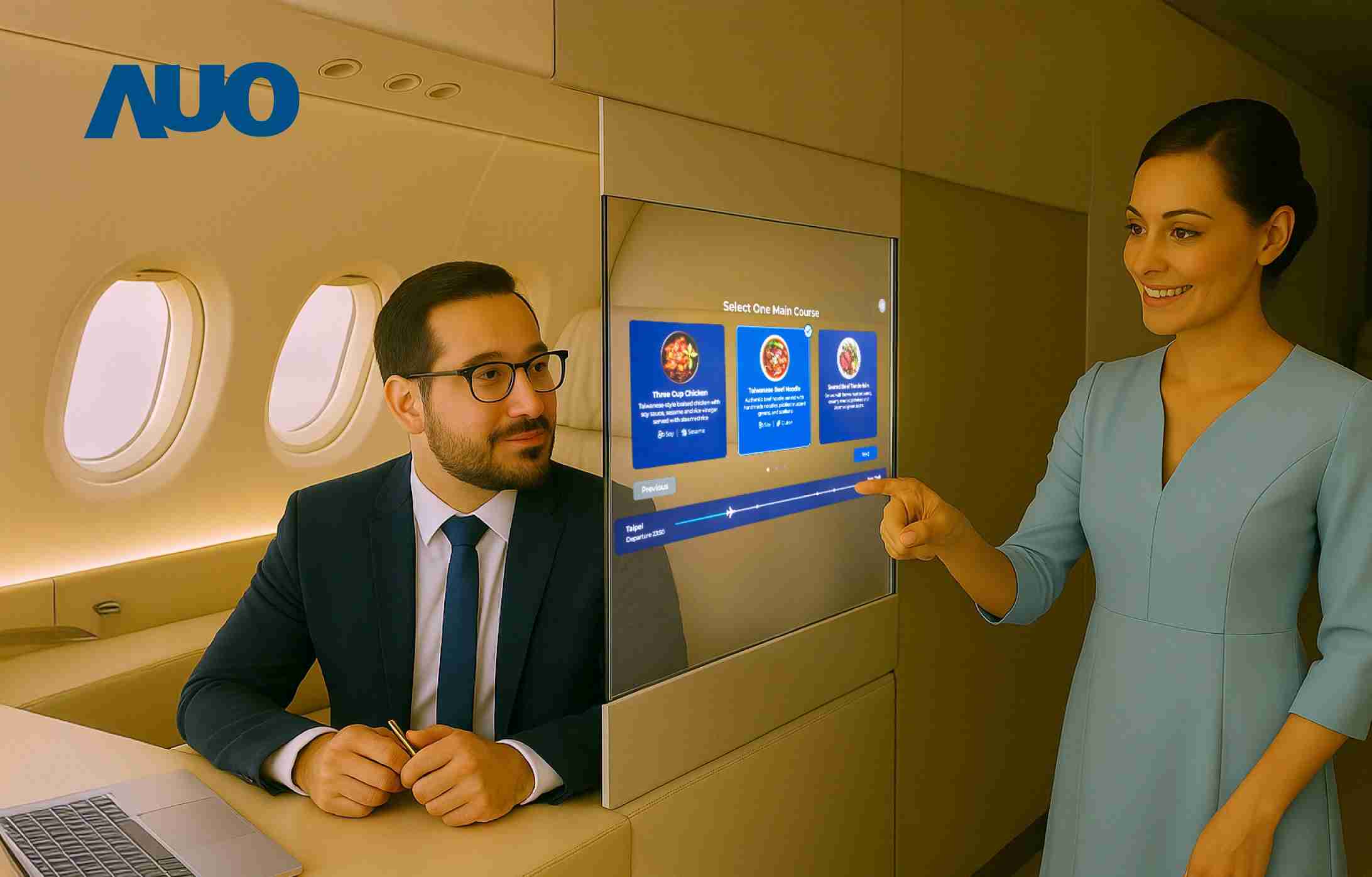 william威廉中文官网研发全球最薄17.3 吋双面透明 Micro LED 显示器，，可在同一屏幕之双边投射不同信息，，，，创造独特的”透明化”互动；图为实时翻译交流应用情境